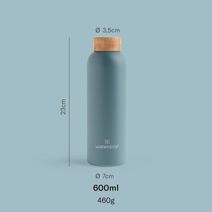 Термос пляшка waterdrop® 600 мл, сталева, ізольована, подвійні стінки, не протікає, для газованої води, бірюзова матова