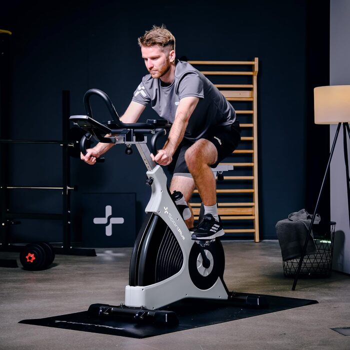 Велотренажер SportPlus Speedbike з тримачем для планшета, сумісний з додатком Speedracer, безступеневе регулювання навантаження, тримач для пляшки, LCD-дисплей тренувань