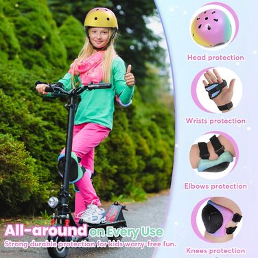 Набір Kinderhel 7-в-1: наколінники, налокітники, захист зап'ястя та шлем для скейтбордингу, велосипеда, самокату (S, жовто-рожево-зелений)