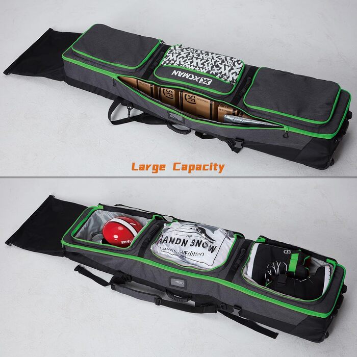 Сумка для сноуборда XCMAN з підкладкою та колесами, розширювана сумка-тележка для перевезення літаком, регульована довжина - наддовга/широка/глибока, водонепроникна, з захисними ребрами (зелена)