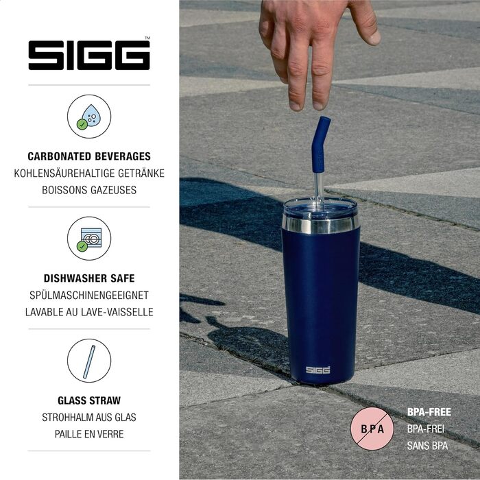 Термочашка SIGG Travel Mug Helia з багаторазовою скляною трубочкою та щіточкою для чищення, герметична, BPA-free, нержавіюча сталь 18/8, 0,6 л, Night Ink