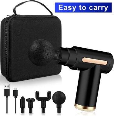 Міні масажер для м'язів AQXONG: портативний електричний масажний пістолет з LCD дисплеєм, тиха робота 45dB, 6 швидкостей, 4 насадки, акумуляторний (чорний)