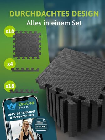 Пазл-килимок для фітнесу ZenOne Sports® 30x30x1 см (18 шт., 1.5 м²) - захисний килимок для тренажерів, чорний
