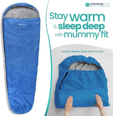 Спальний мішок Mumienschlafsack для дорослих - легкий, компактний, водонепроникний з капюшоном, 220x85см, теплий, пральний, для кемпінгу, походів, подорожей, зелений (королівський синій)