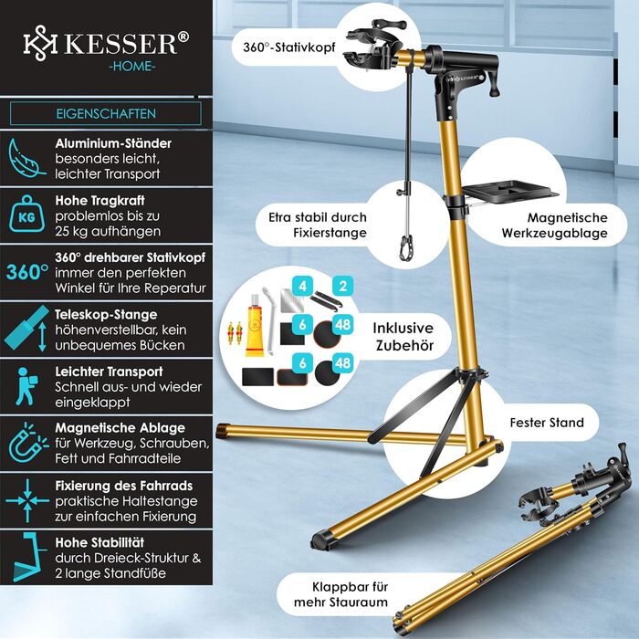 Підставка для велосипедів KESSER® Profi Alu: Ремонт, обслуговування, 360° обертання. Підходить для гірських, електровелосипедів та звичайних велосипедів. В комплекті сумка, набір для ремонту та магнітний органайзер для інструментів.