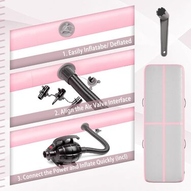 Гімнастичний надувний мат, 3 м, для гімнастики, фітнесу, йоги, бойових мистецтв, пляжу, 10'x3.3'x4' (300x100x10 см), Рожевий