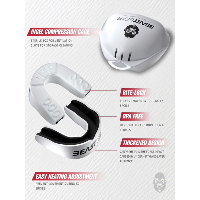 Захисна капа Beast Gear - для боксу, MMA, регбі, кікбоксингу, джудо, карате, хокею та бойових мистецтв. Зручна коробка для зберігання. Захищає зуби, ясна та щелепу. Білий.