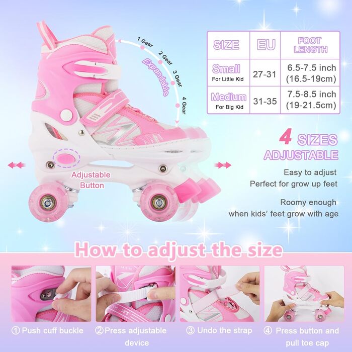 Роликові ковзани дитячі DUZSKJ для хлопчиків та дівчаток, регульовані, з підсвіткою, 4 розміри, рожевий колір