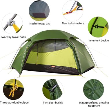 Намет Naturehike Cloud Peak: Ultraleicht 4-сезонний намет для кемпінгу на 2-3 особи, 20D, колір: Waldgrün