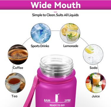 Спортивна пляшка 1л з маркуванням часу, фільтром, для газованої води, велосипеда, бігу, дорослих, 1000 мл, фіолетово-чорна