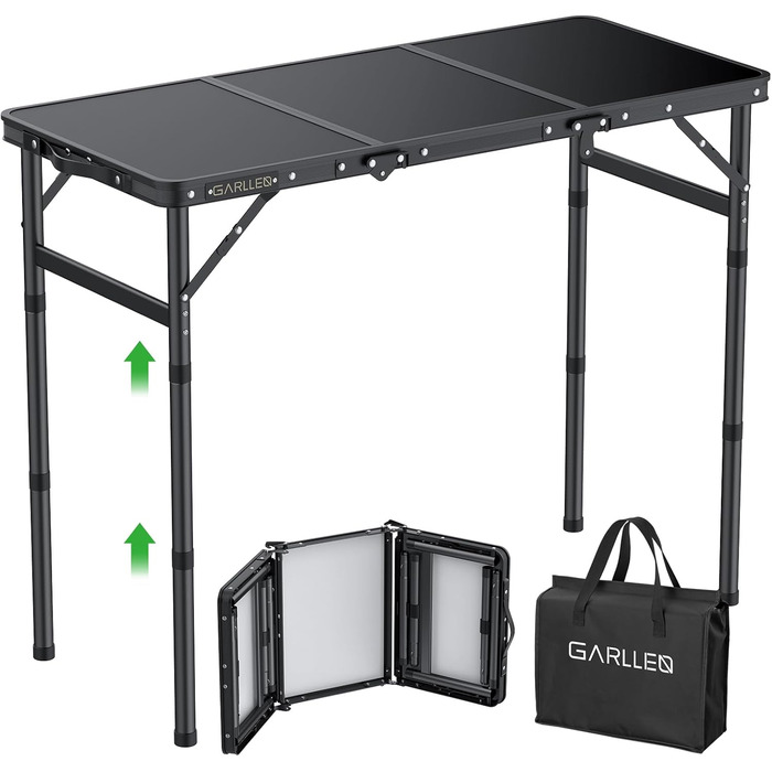 Складаний туристичний стіл GARLLEN 87x40 см, 3 положення висоти (26/48/70 см), чорний. Підходить для кемпінгу, пікніка, саду, грилю.