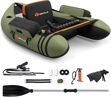 Надувне рибальське човен FANTASK з насосом, веслами та ременями, bellyboat для дорослих, 150 кг, зелений, 135 x 109 x 54 см