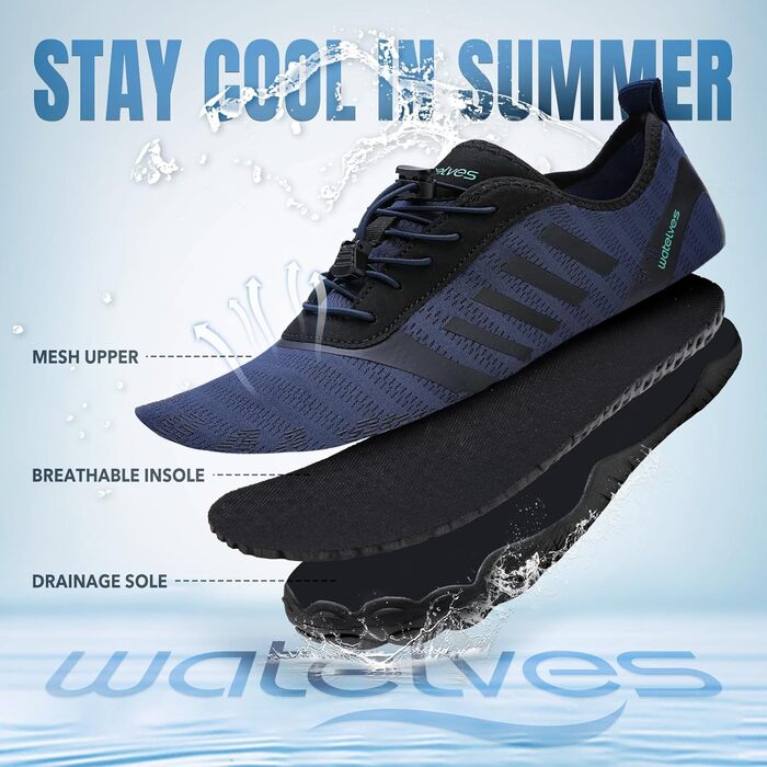 Взуття для плавання та фітнесу WateLves: аквашузи для жінок та чоловіків, підошва з неслизьким покриттям, широка передня частина (темно-синій, 39 EU)