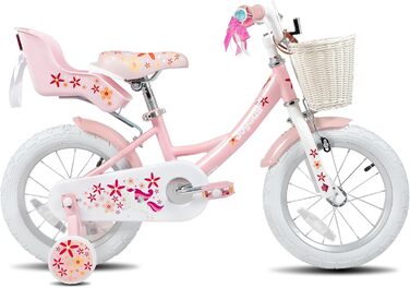 JOYSTAR Единоріг 12-дюймовий дитячий велосипед для дівчаток 3-5 років з сидінням для ляльки, додатковими колесами та кошиком, рожевий