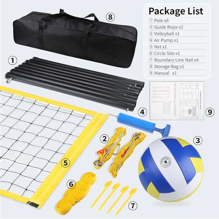 Набір для волейболу: мобільний волейбольний набір для саду, пляжу, газону. Регульована висота.