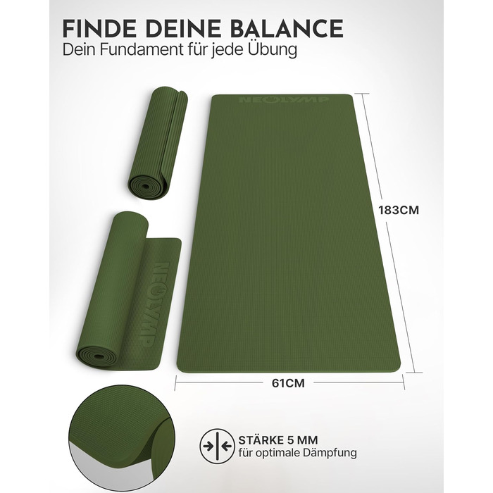 Килимок для йоги NEOLYMP - неслизький, для захисту суглобів - 183x61 см - PVC - для йоги, пілатесу - з E-book та відео-упражненнями (оливковий)