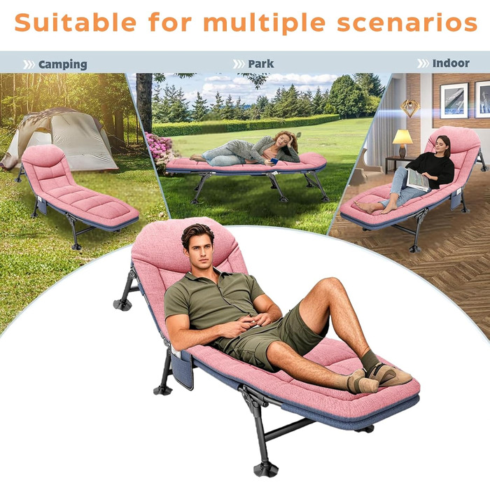 Кемпінгове ліжко AlpineAura: широке, складане, 190x65x30 см, 6 положень, для відпочинку на природі, пляжі, саду (рожеве)