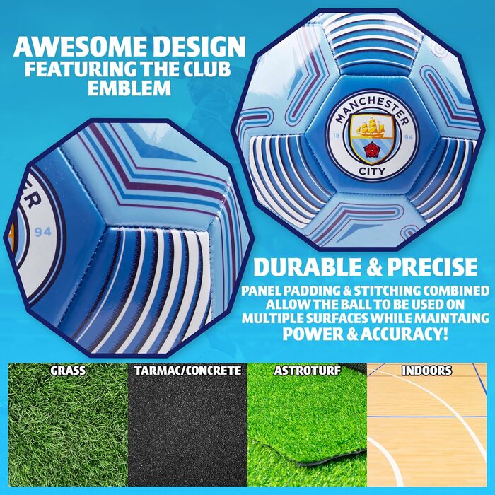 М'яч для футболу Manchester City FC, ліцензійний, розмір 3, 4 або 5 - подарунок для фанатів, блакитний