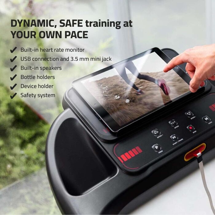 Біговий тренажер FITFIU MC-90 з мотором 2.0 HP, регулюванням швидкості до 14 км/год та нахилом 9%, з підключенням до Kinomap, Zwift та Fitime, динаміком та тримачем для планшета