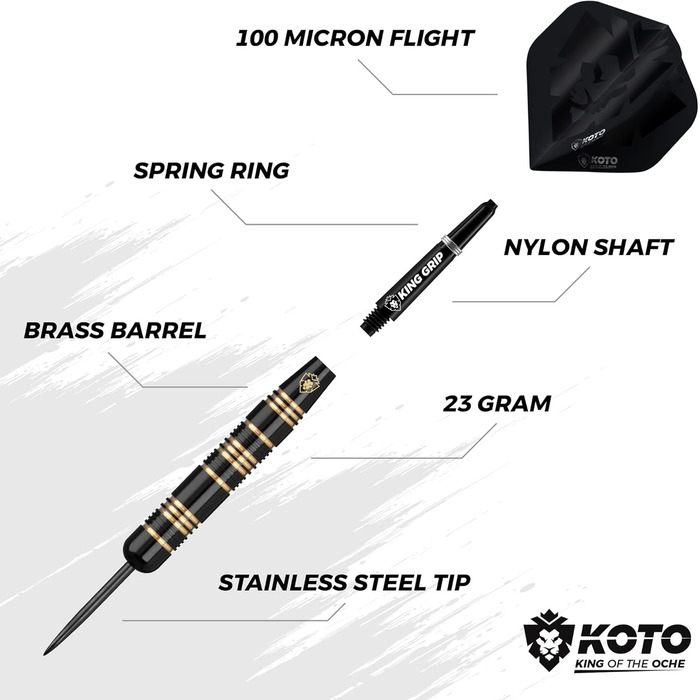 Професійний дартс-набір KOTO King Pro Surround чорний, 3 дротики, 2 комплекти оперень, 2 комплекти стрижнів (короткі та середні), чохол з логотипом KOTO, підходить для всіх дартс-мішеней, з кільцем для захисту стін і стріл