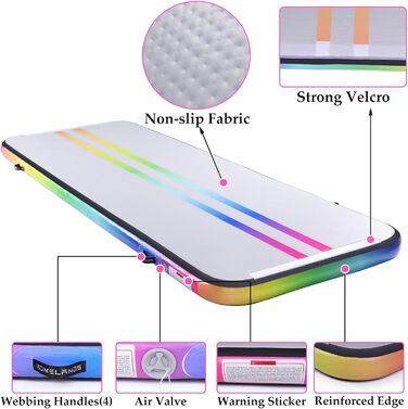 Гімнастичний надувний мат для дому, 3,5 м, у кольорах веселки (з повітряним насосом)