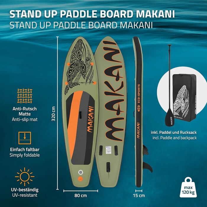Надувна SUP-дошка ECD Germany 305-380 см, до 150 кг, комплект із сидінням для каяка, сумкою та веслом, різні моделі