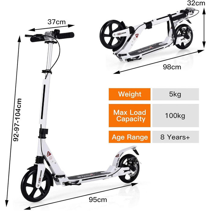 GOPLUS Roller Kinder 8 років: міський тредролер для дітей, підлітків та дорослих (до 100 кг), регульована висота, складний, з гальмом та ременем (білий)