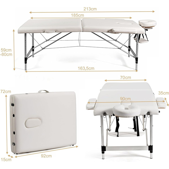 Масажний стіл Costway з алюмінієвого сплаву 70 см, 2-рівневий складний масажний стіл з сумкою, знімні підголовник та підлокітники, регульована висота для фізіотерапії та масажу