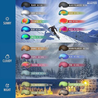 Скі-маска OutdoorMaster PRO унісекс з змінними лінзами. Захист від сонця 100% UV, антитуманна, для носіння з окулярами. Підходить для жінок та чоловіків, хлопчиків та дівчаток. Чорний каркас, помаранчева лінза VLT65%