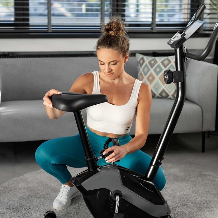 Велотренажер Hop-Sport HS-045H EOS для дому, компактний, з пульсометром, тримачем для планшета, тренувальним комп’ютером, до 120 кг, сірий