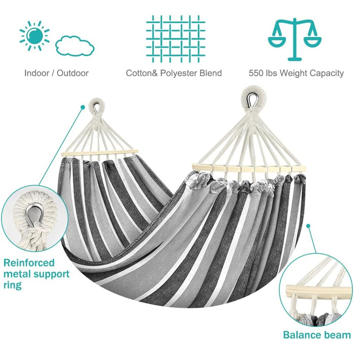 Гамак для відпочинку на відкритому повітрі: кемпінгу, балкону, тераси, саду. З дерев'яною перекладиною та сумкою для перенесення (сірий & білий)