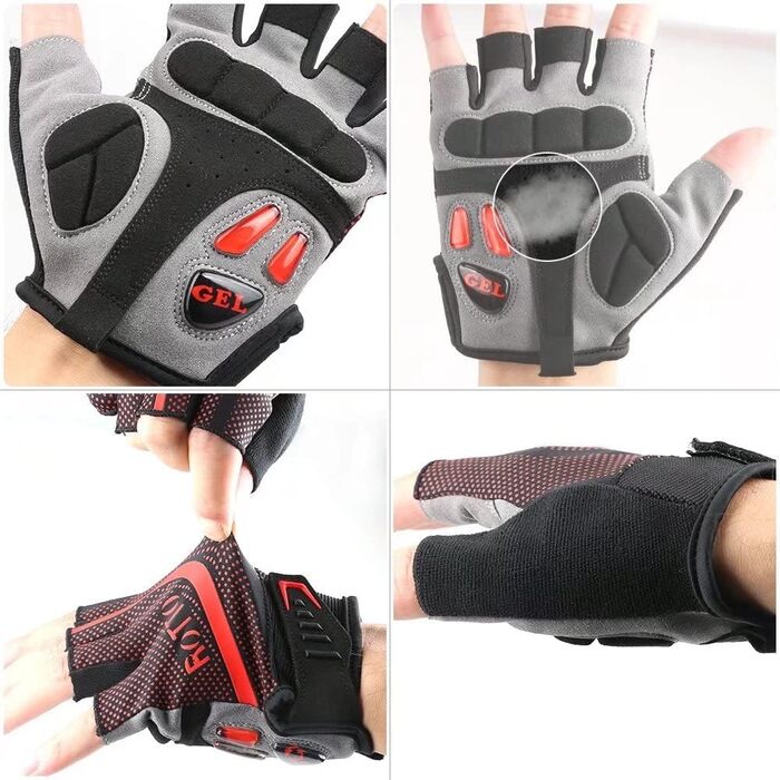 Велосипедні рукавички ROTTO напівпальцеві унісекс з гелевою амортизацією для MTB, шосе, фітнесу, даунхілу, чорно-червоні, розмір M