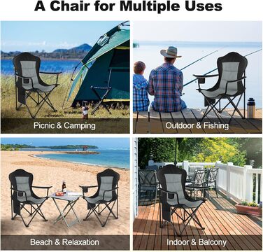 Складний туристичний стілець WOLTU - легкий, для відпочинку на природі, риболовлі, кемпінгу. Макс. навантаження 150 кг, з кишенею для напоїв, чорний + темно-сірий