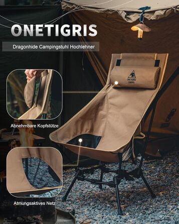 Стілець для кемпінгу OneTigris DRAGONHIDE з високою спинкою, 125 кг, складаний, легкий, для риболовлі з 2 кишенями, для відпочинку на природі, піших прогулянок (колір: коричневий)