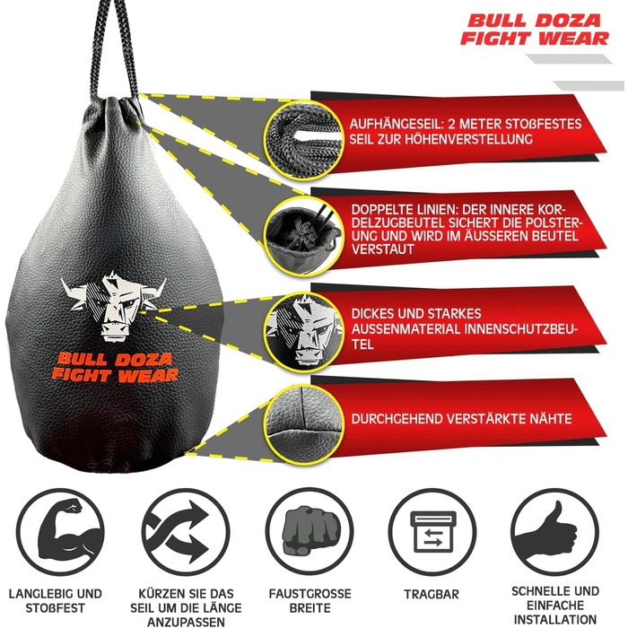 BULL DOZA FIGHT WEAR мішок для реакції, 1 кг, 2 м мотузка, чорний, М – боксерський захисний мішок для тренувань MMA, не для ударів