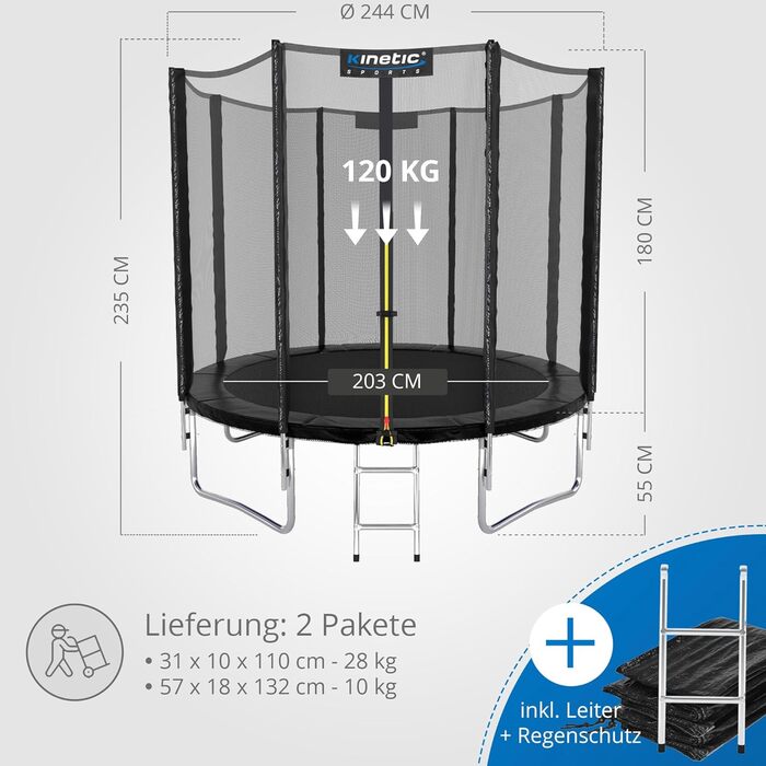 Трамплін KINETIC SPORTS Salto Plus Outdoor для дітей Ø 183/244/305/366/400/430/490 см - Комплект: пружини, сітка, захисні подушки, сходи - до 160 кг