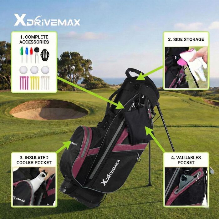 Легкий гольф-мішок Standbag з 8 відділеннями для чоловіків та жінок, преміум-якість, з дощовим чохлом, кишенькою для охолодження та комплектом аксесуарів (червоний/Ausflug, однотонний (Getaway Solids))