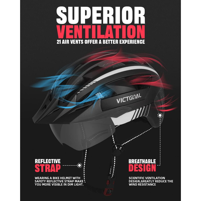 Велосипедний шолом VICTGOAL MTB з магнітним візором, знімним сонцезахистом і LED підсвіткою, для дорослих, чорний-білий, розмір M (54-58 см)