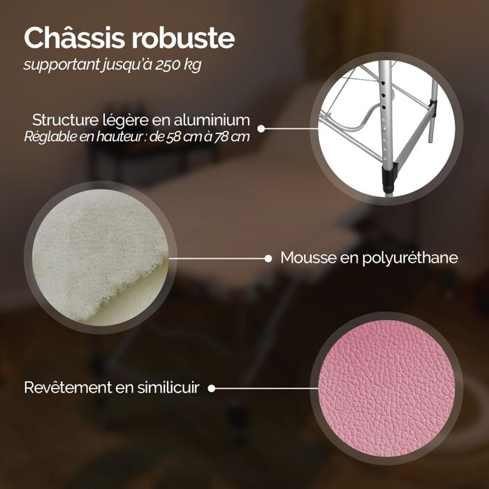 Складаний масажний стіл Vivezen з 2 зонами з алюмінію + аксесуари та сумка для транспортування (пастельно-рожевий)