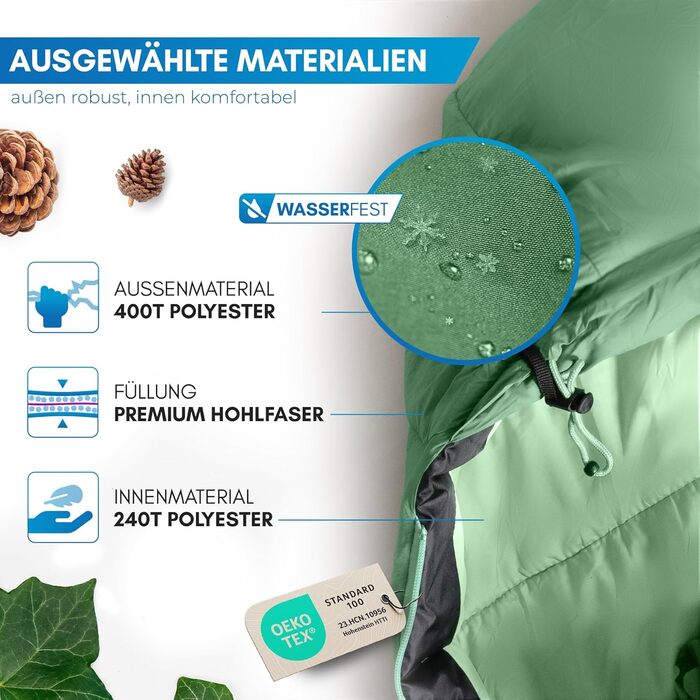 Сплячий мішок NORDMUT® Winter -10°C до 0°C, компресійний, для трекінгу та кемпінгу, 1.8 кг, водонепроникний, 350 GSM (зелений)