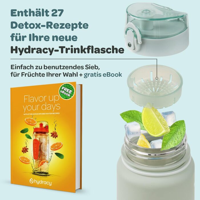 Водяна пляшка Hydracy 1л з вставкою для фруктів - спортивна, BPA-free, з таймером, противитікання, без конденсату, салатово-блакитна