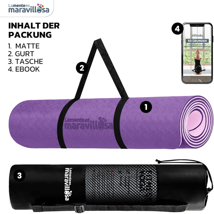Килимок для гімнастики та йоги LA MENTE ES MARAVILLOSA з TPE, 183x61 см. Зручний для фітнесу, пілатесу, з сумкою та інструкцією. Захищає суглоби, для занять в приміщенні та на вулиці. Мандала, ліловий + рожевий