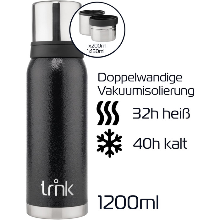 Термос trnk Arktis 2 із нержавіючої сталі 1200 мл, BPA-free, з двома чашками, зберігає тепло 32 години, для напоїв, підходить для посудомийки