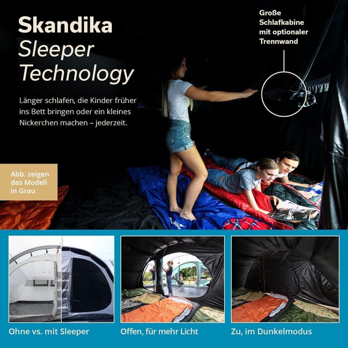 Намет Skandika Egersund Tunnel для 3, 5 або 7 осіб: сімейний кемпінговий намет з технологією Sleeper, вбудованим дном, чорною спальною кабіною, висотою 2 м, водонепроникний (5000 мм)