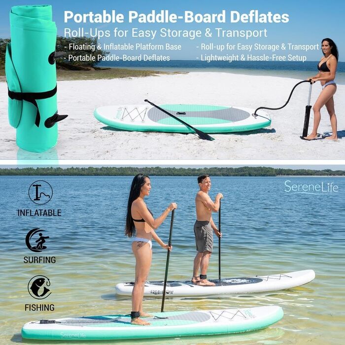 Надувна SUP-дошка SereneLife з повним комплектом аксесуарів, стійка дошка для сапбордингу для дітей і дорослих, надувний серфборд із сумкою, веслом, антиковзким покриттям і насосом