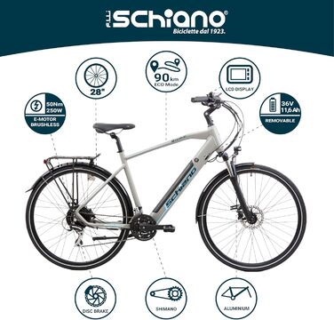 Електровелосипед F.lli Schiano E-Wave 28 дюймів для дорослих, чоловічий/жіночий, до 25 км/год, комфортний трекінговий електробайк з акумулятором, захистом ланцюга та аксесуарами