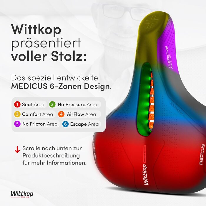 Велосипедне сідло WITTKOP з ортопедичною Memory Foam піною, 5-зональна система Medicus, зручне сідло для жінок та чоловіків для MTB, трекінгу та міських велосипедів