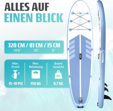 Надувний SUP Борд Fitleap Premium Stand Up Paddle Board - Комплект з насосом, веслом та рюкзаком. Підходить для йоги, серфінгу та водних видів спорту. Для 1 особи.
