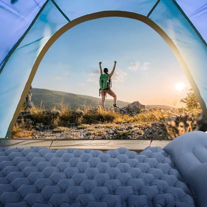 Надувний килимок для кемпінгу STURME з самонадуваванням та помпою, ультралегкий, для відпочинку на природі, 1 особа, блакитний