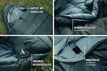 Спальник WANDERFALKE® Premium Alpinist для 3-4 сезонів (+5°C до -10°C), мамі-формат, 480GSM + літній спальник 200GSM для кемпінгу, туризму та подорожей